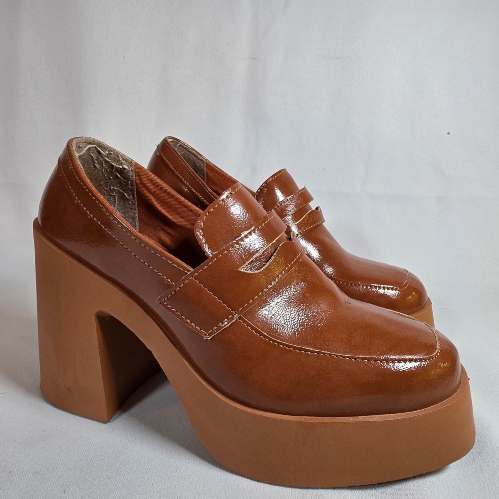 ASOS DESIGN Brown Patent Women 8 Platform Loafer Block Heel Retro 70s Glossy